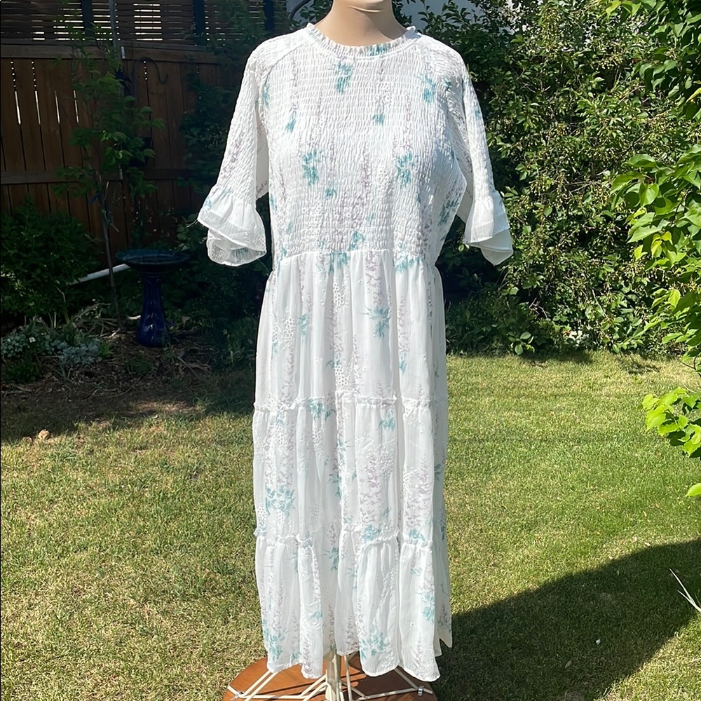 Elegant White and Blue Floral Summer Dress